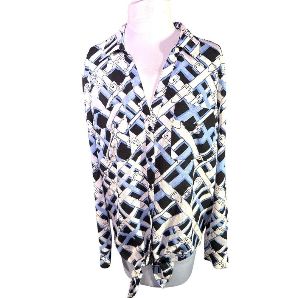 Jones New York Womens Button Up Blouse Tie Front Black Blue Patterned Size M - Picture 5 of 10